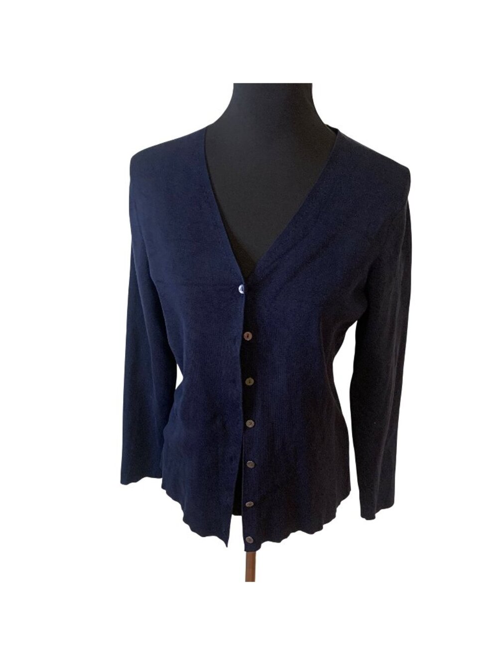 Womens Navy Blue Silk Cardigan Sweater V Neck Lightweight Medium Button Down